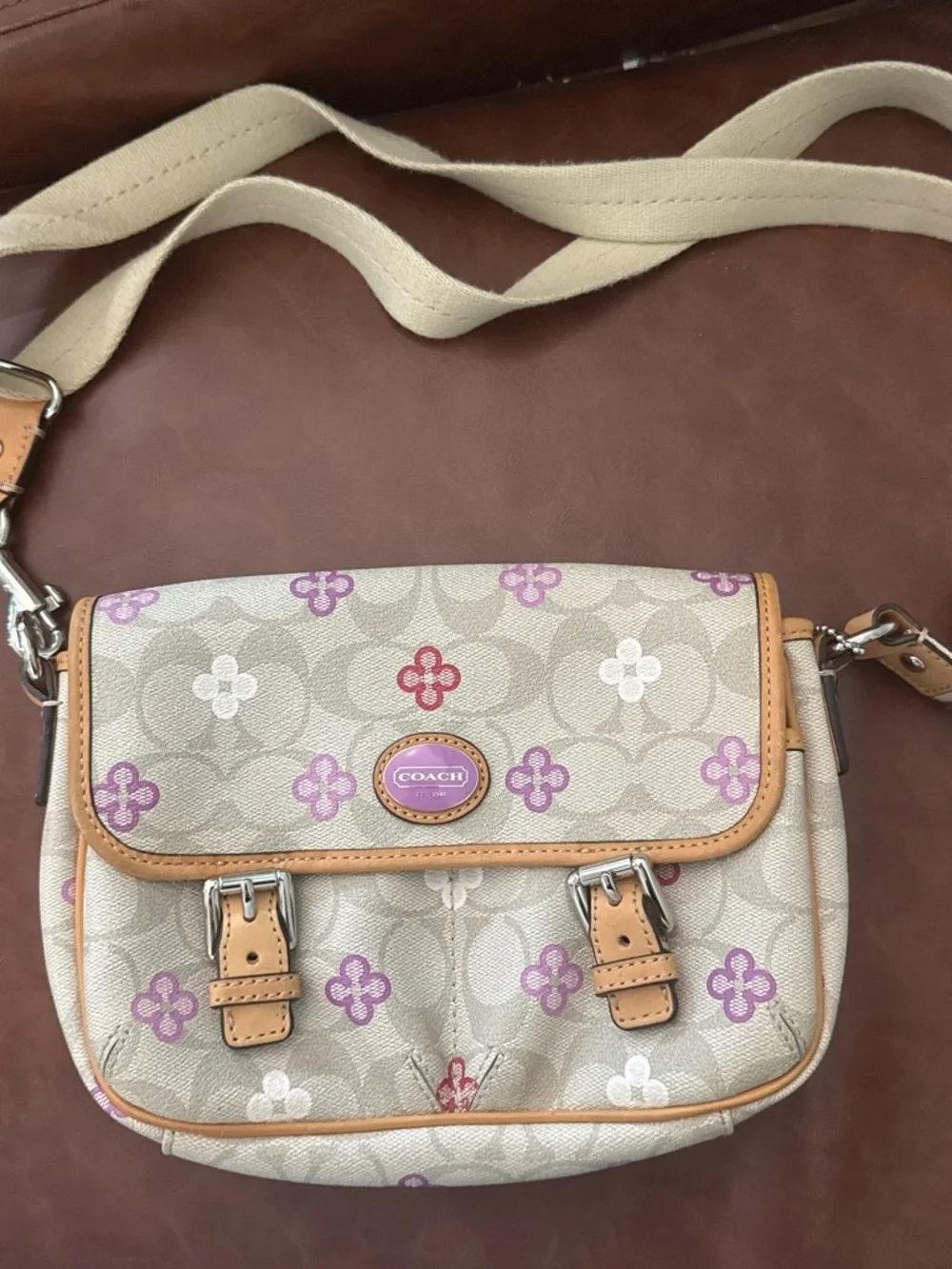 Coach Beige Canvas Crossbody with Purple and Red Floral Accents
